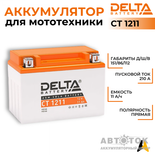 Мотоаккумулятор Delta CT 1211, 12V 11Ah 210А YTZ12S, YTZ14S