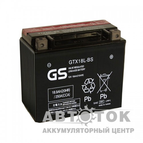 Автомобильный аккумулятор GS GTX18L-BS YTX18L-BS - 18 Ач 250А 207x91x164 О.П. AGM сух.зар. GS YUASA